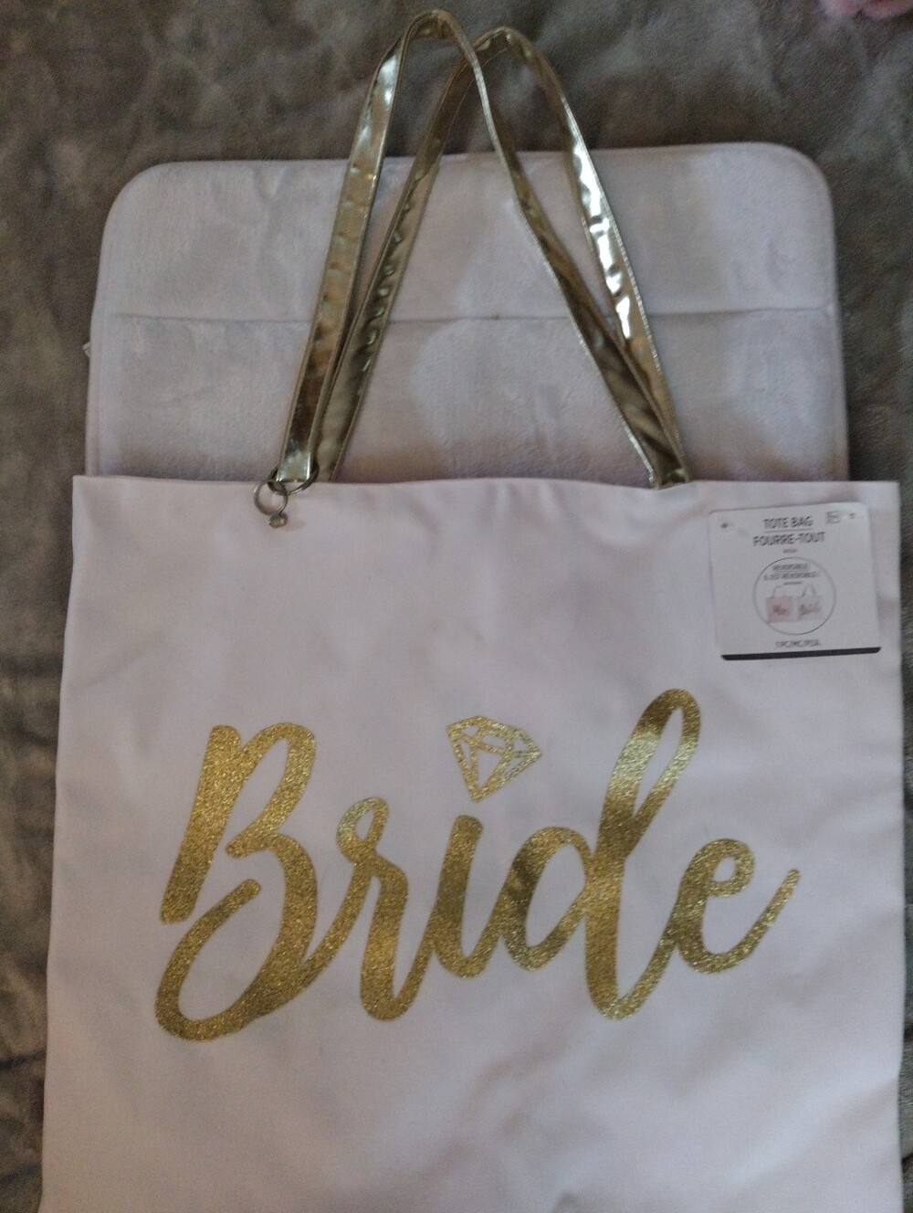 Reverseable Bride Tote Bag in White with Gold Glitter Accents Other Side  Pink